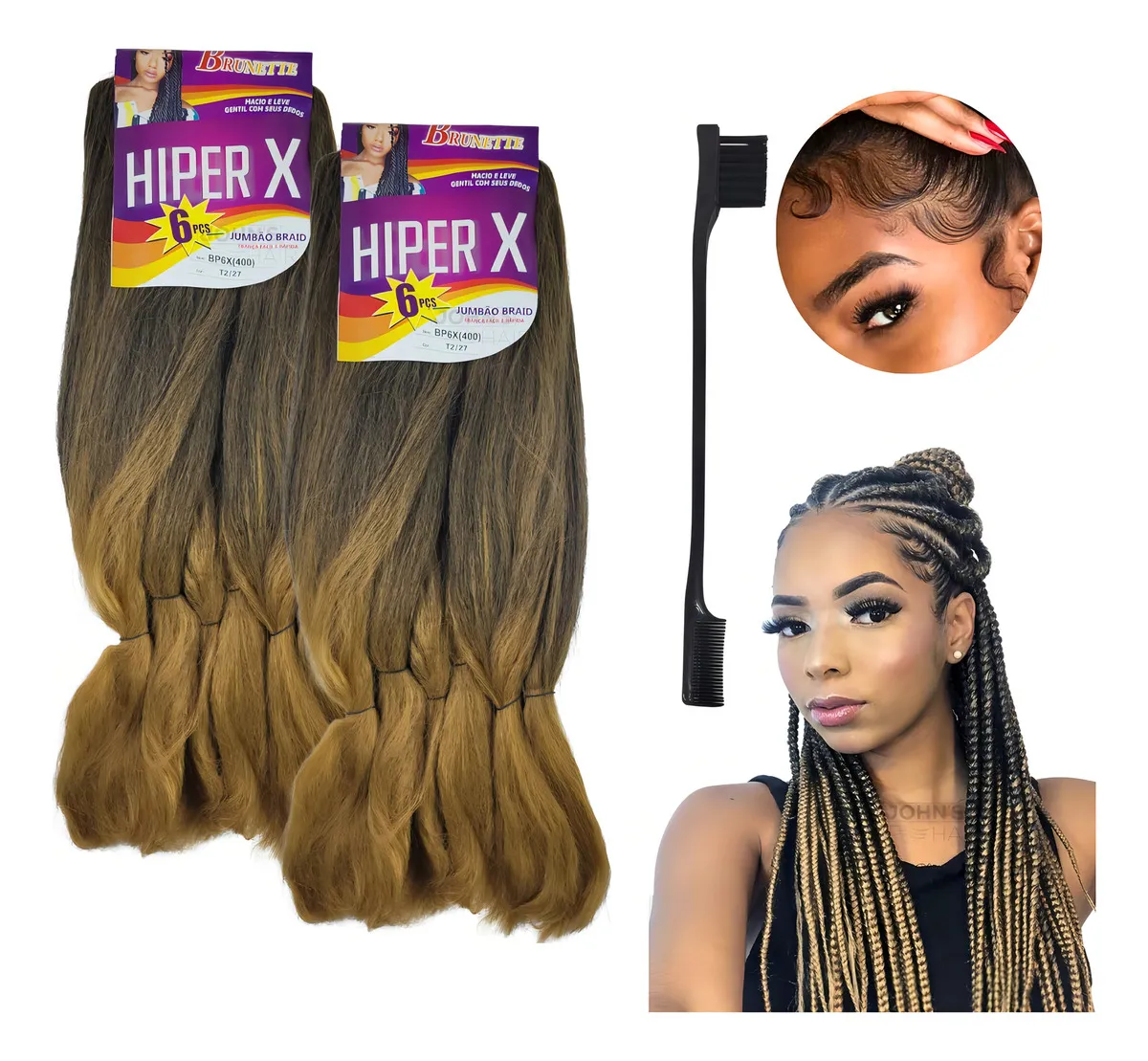 Kit 2 Cabelo Jumbo Jumbão Hiper X Tranças + Pente Baby Hair Cor Mt2/27